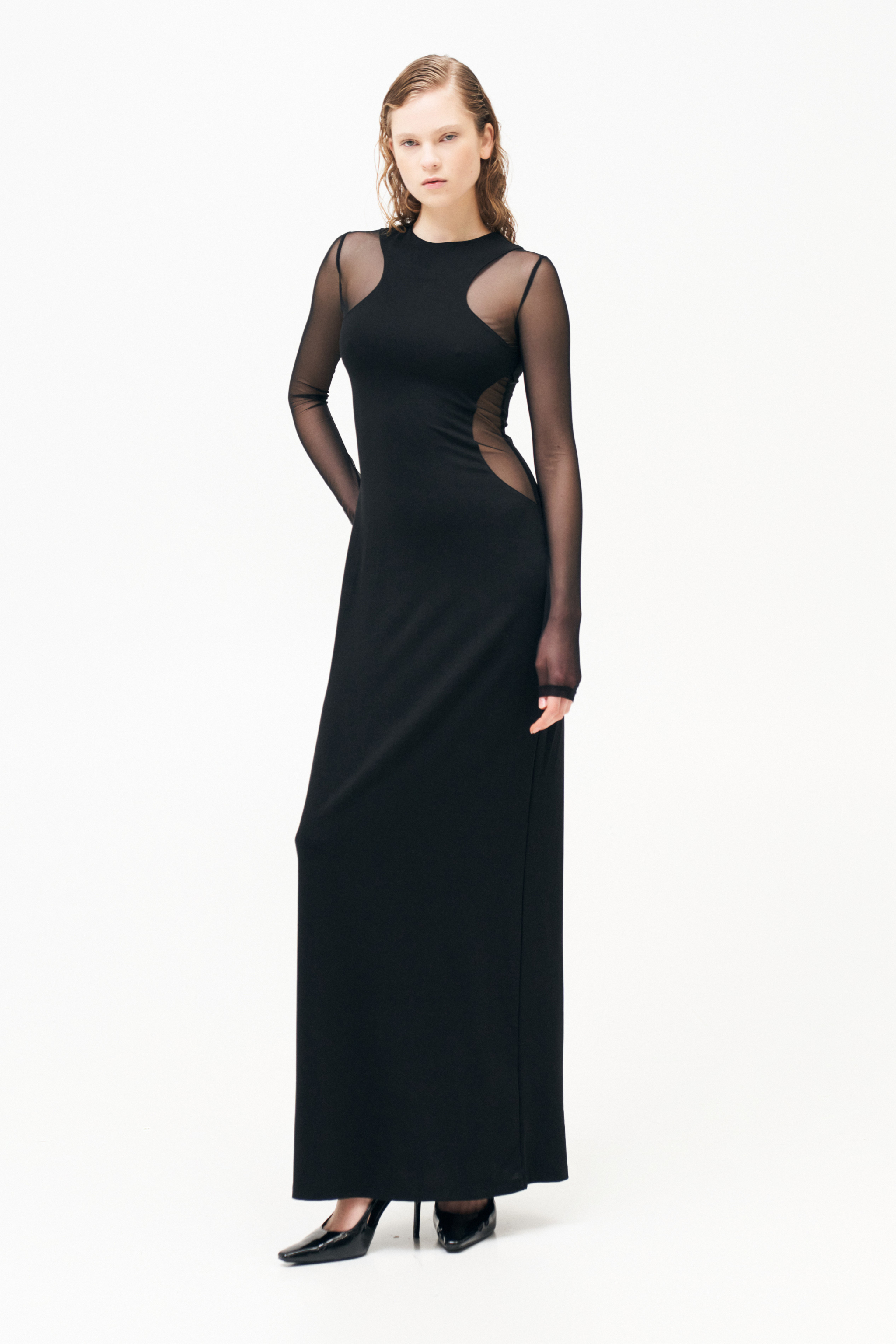 LONG DRESS WITH TULLE INSERTS